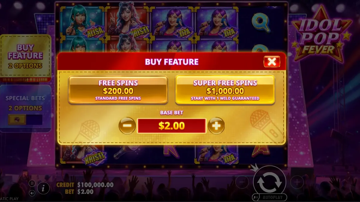Interface vibrante do slot Idol Pop Fever com luzes de neon e elementos de palco