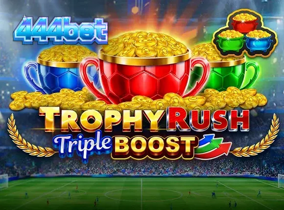 Interface do jogo de slot Trophy Rush Triple Boost com destaque para as moedas douradas
